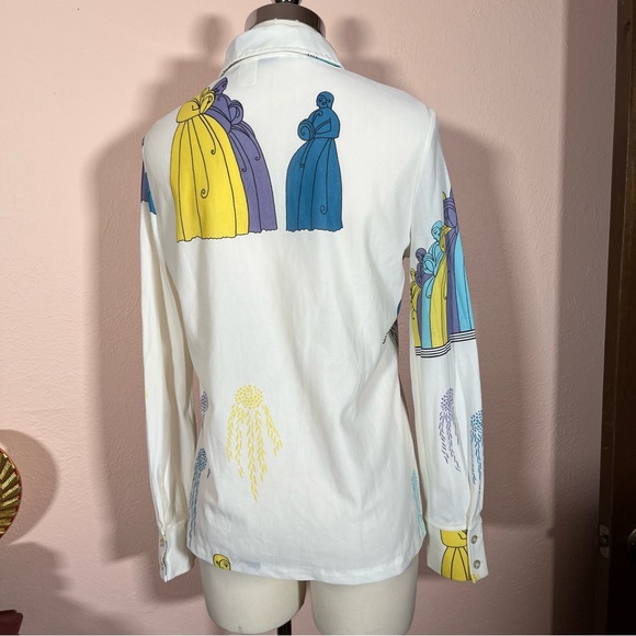 Vintage 1970 Mod Art Deco Lady Print Dagger collar Blouse - Picture 10 of 17